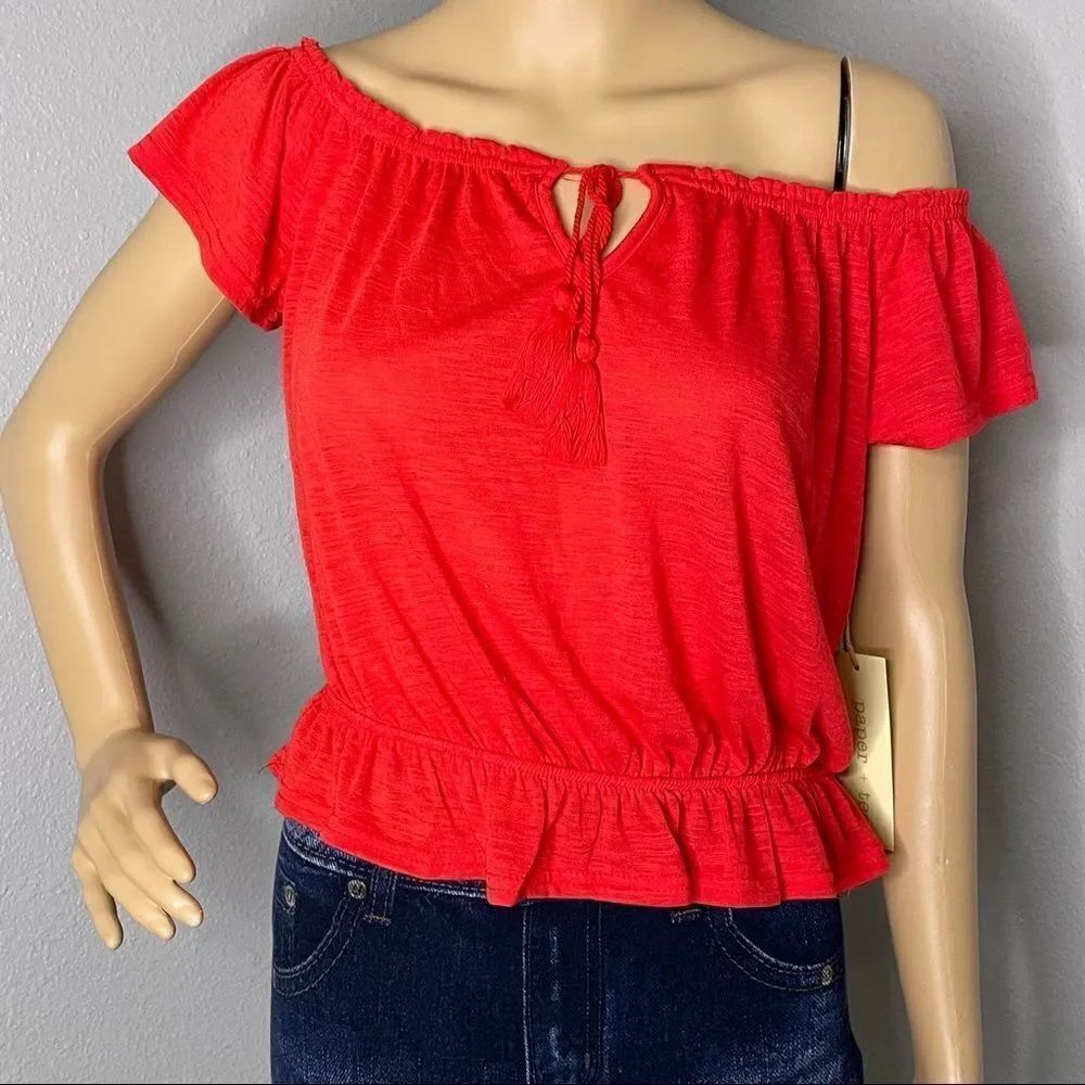 NWT Paper + Tee Cropped Short Sleeve Shirt Tie Front Tassel Bright Red Medium